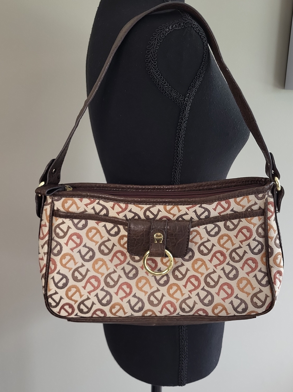 Woman's Monogram Shoulder Bag in Brown & Cream